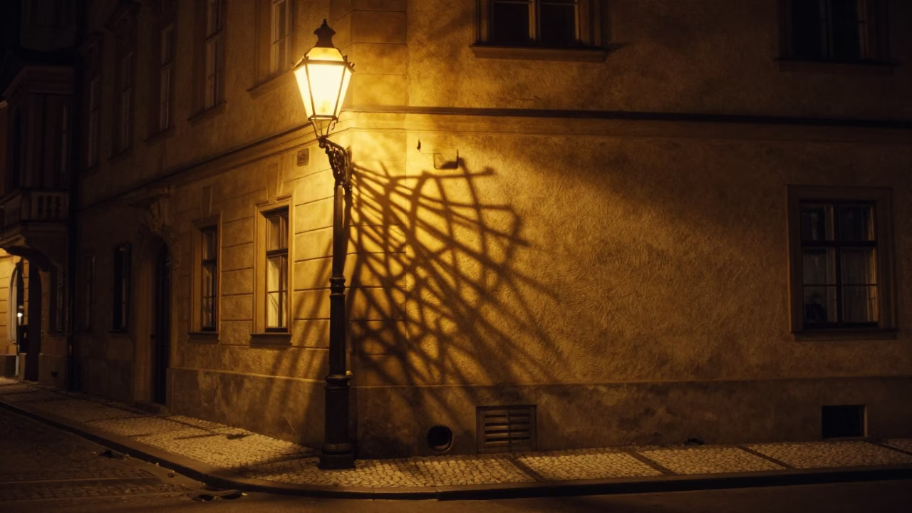 Late Night Prague Street Scene with Wicker Shadow on Wall in in Prague, Czech Republic
