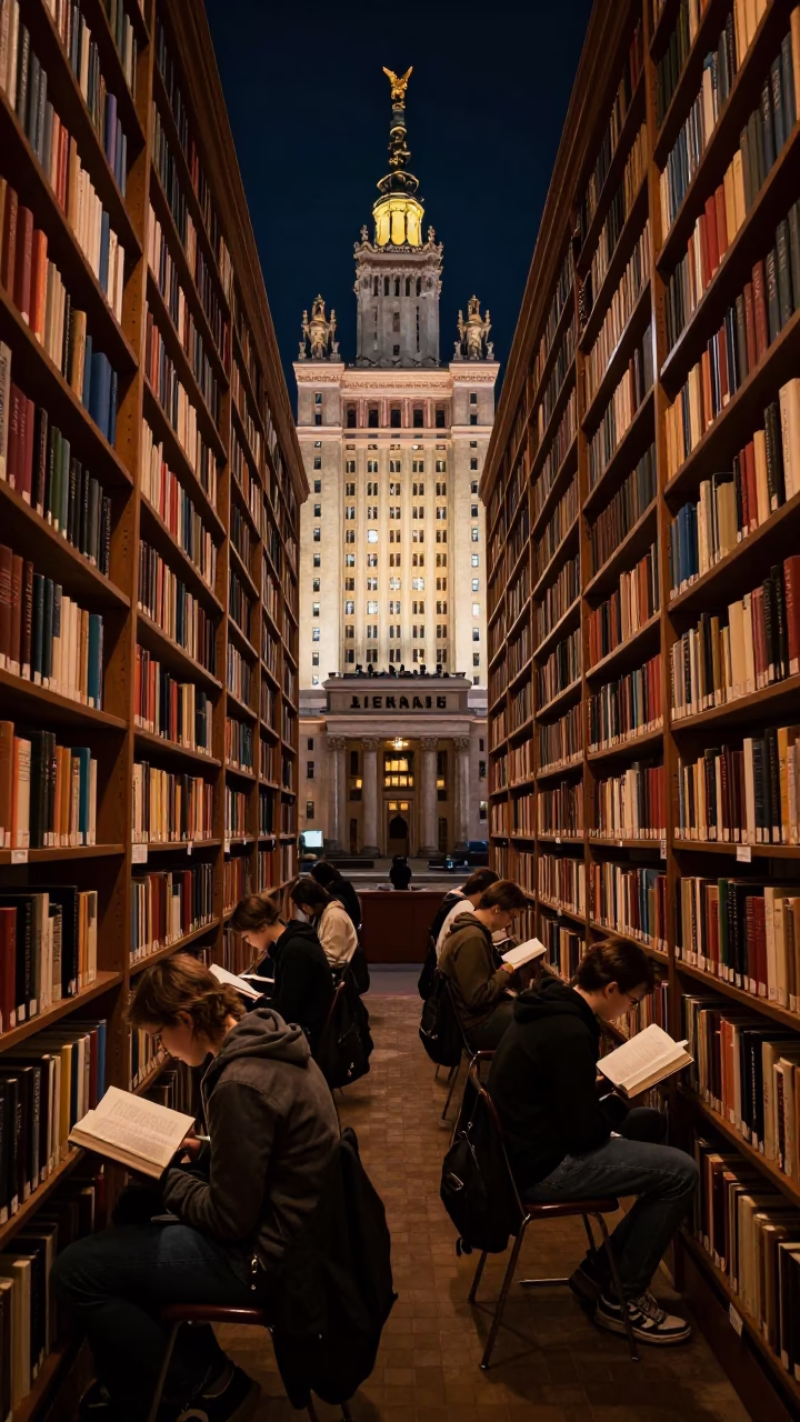 Late Night Prague University Students Revising Beneath Library Stacks Under Deepest Night Sky in in Prague, Czech Republic