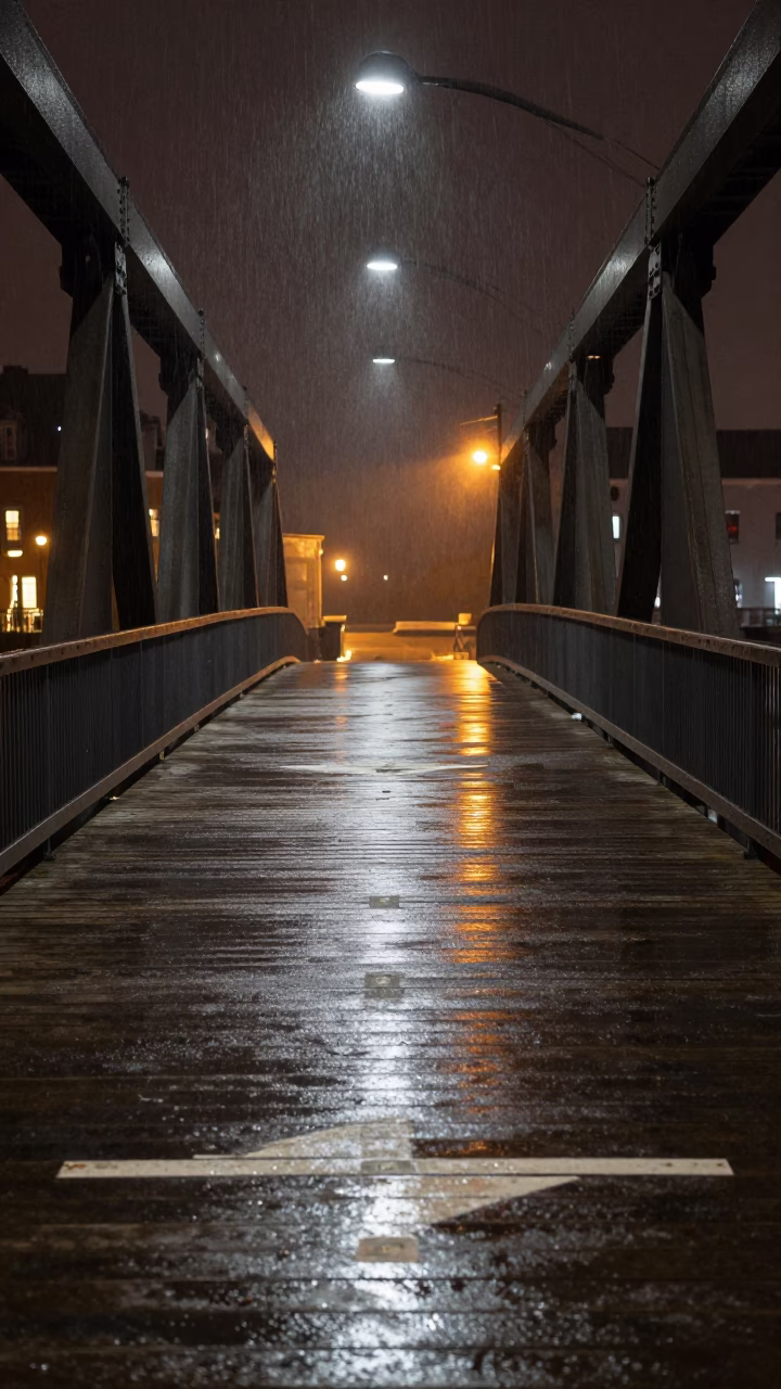 Late Night Quebec City Harbor Drizzle and Drawbridge Deck Markings in in Quebec City, Quebec, Canada