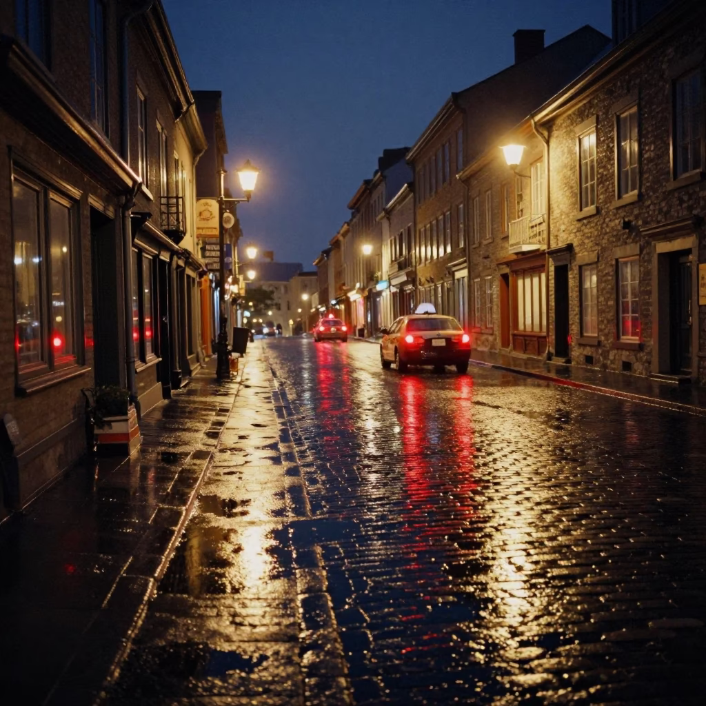 Late Night Quebec City Street Reflections with Puddle and Tail Lights in in Quebec City, Quebec, Canada