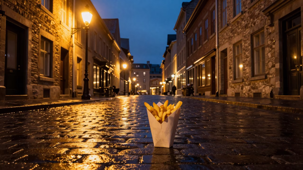 Late Night Quebec City Street Scene with Belgian Frites and Mayonnaise in in Quebec City, Quebec, Canada