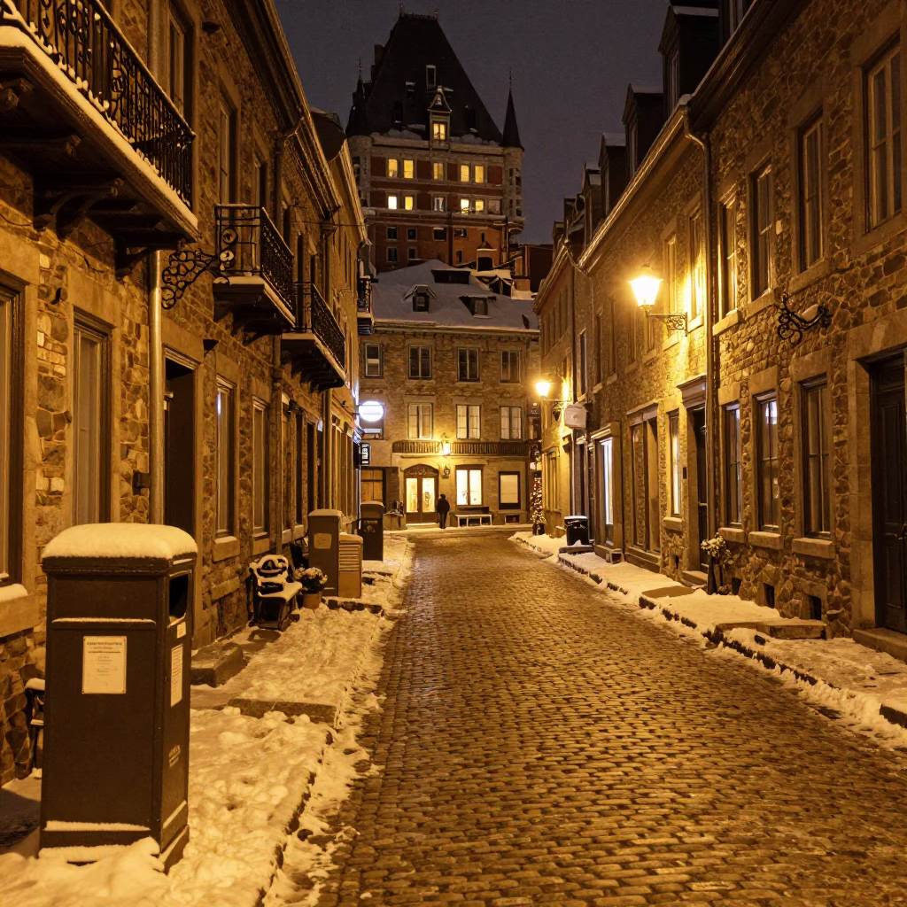 Late Night Quebec City Street Scene with File Box and Muffin Tins in in Quebec City, Quebec, Canada
