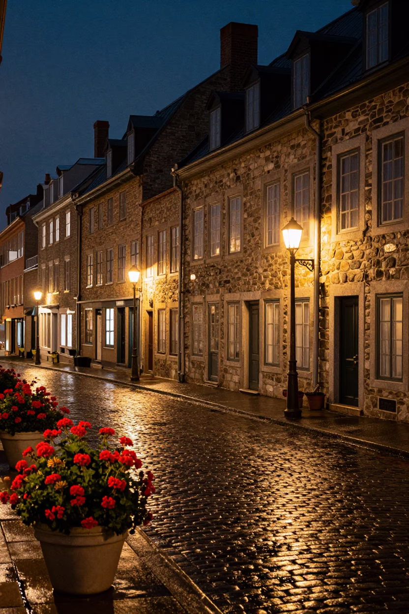 Late Night Quebec City Street Scene with Geraniums and Urban Ambiance in in Quebec City, Quebec, Canada
