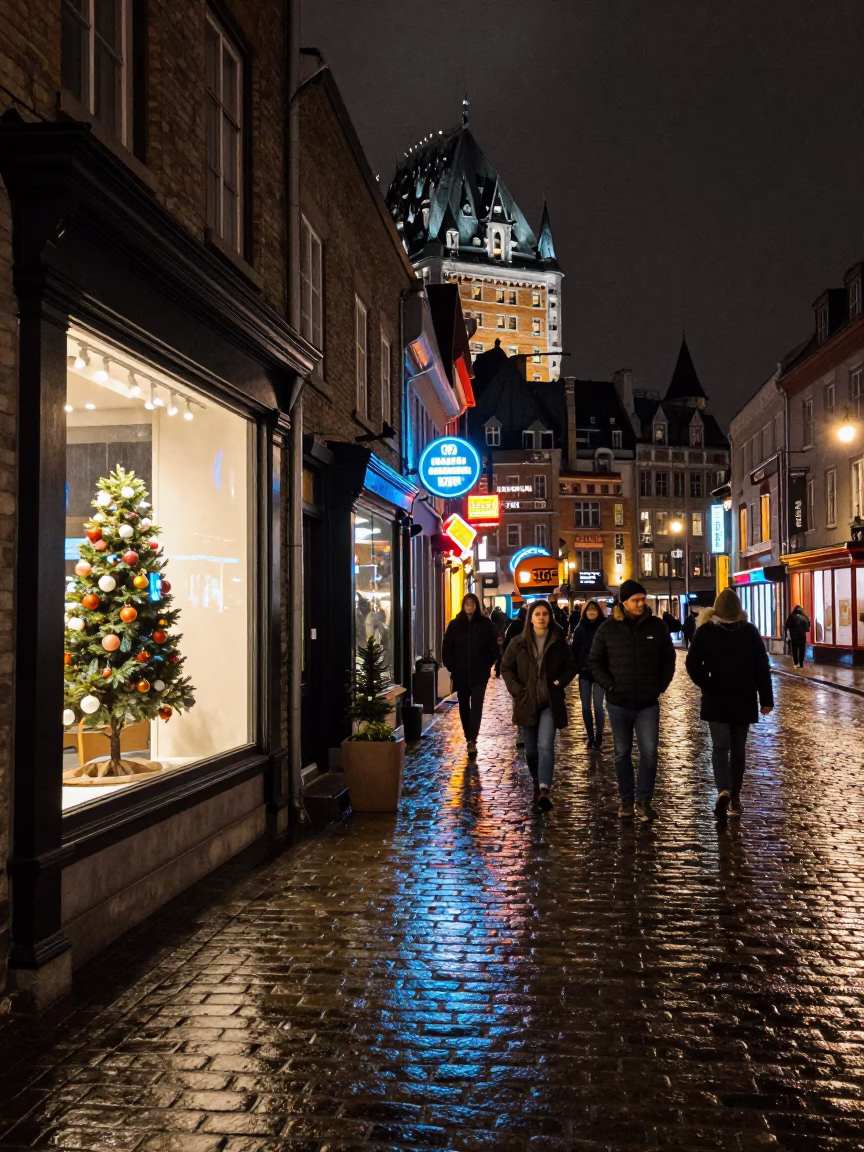 Late Night Quebec City Street Scene with Neon Lights and Urban Activity in in Quebec City, Quebec, Canada