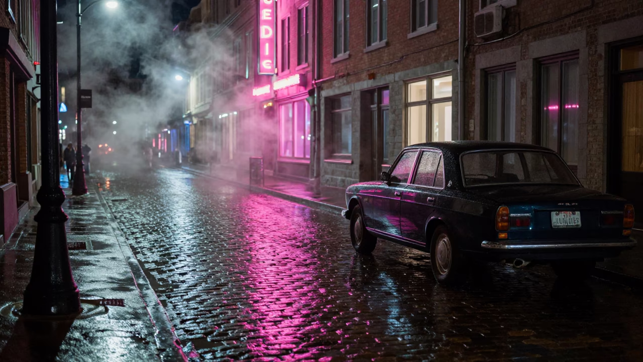 Late Night Quebec City Street Scene with Neon Reflections and Urban Details in in Quebec City, Quebec, Canada