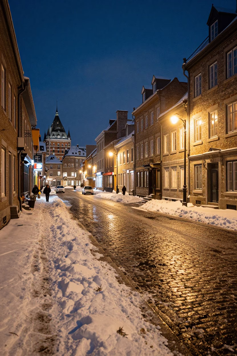 Late Night Quebec City Street Scene with Snow and Illuminated Historic Buildings in in Quebec City, Quebec, Canada