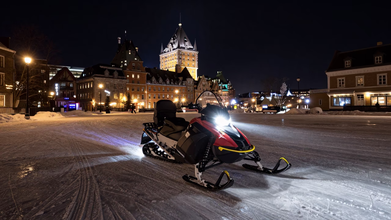 Late Night Quebec City Street Scene with Snowmobile and Lit Train Bridge in in Quebec City, Quebec, Canada