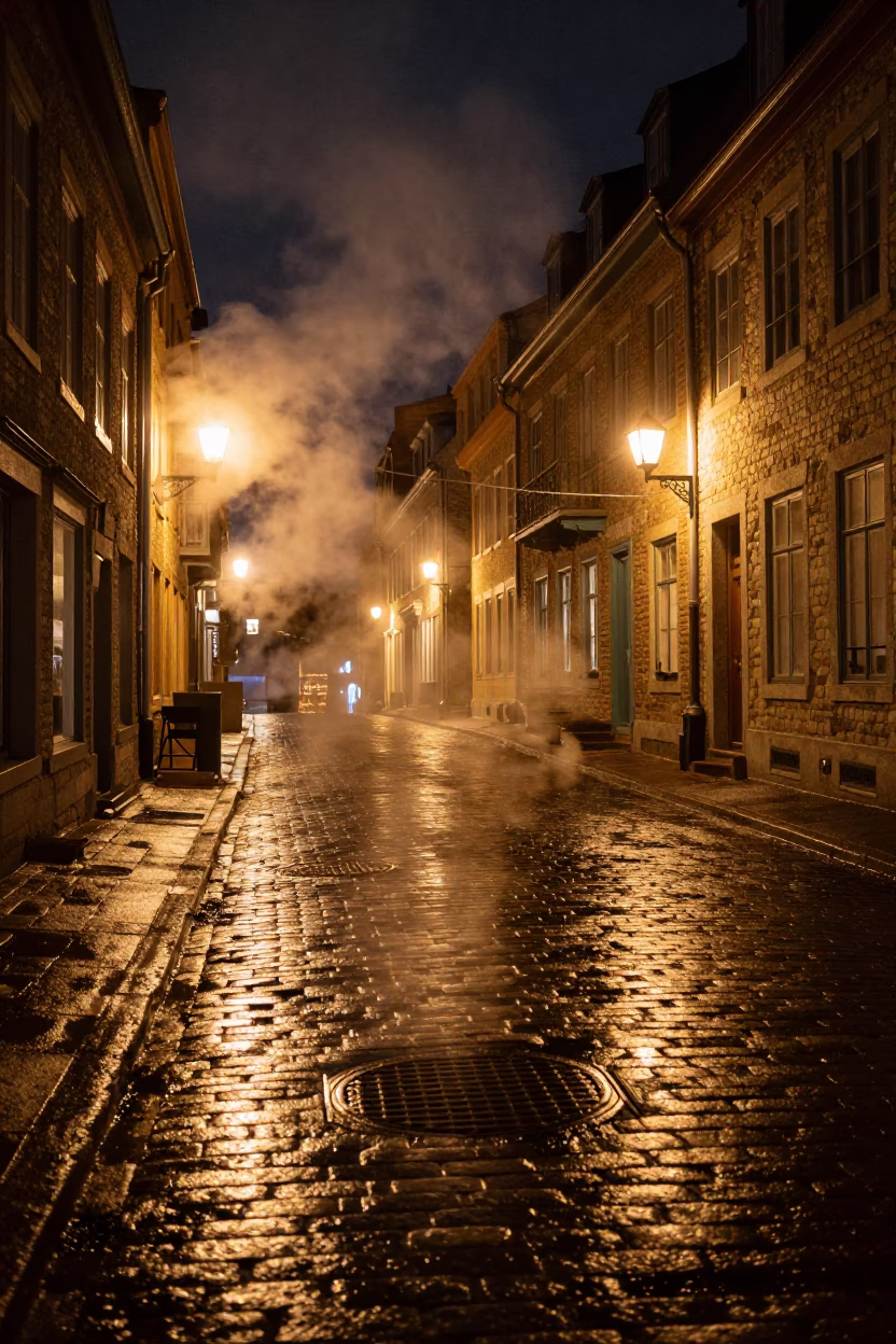 Late Night Quebec City Street Scene with Steam and Urban Details in in Quebec City, Quebec, Canada