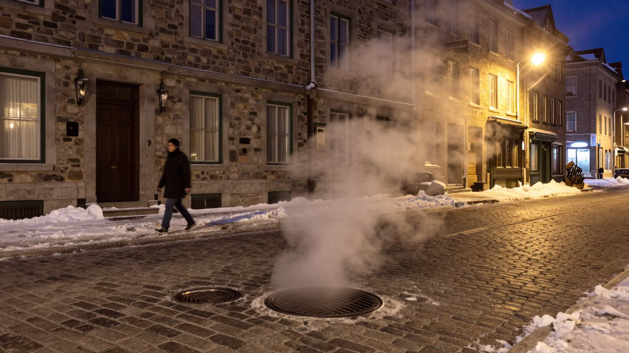 Late Night Quebec City Street Scene with Steam and Urban Infrastructure in in Quebec City, Quebec, Canada