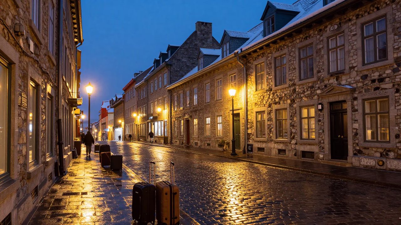 Late Night Quebec City Street Scene with Suitcases and Urban Nightlife in in Quebec City, Quebec, Canada