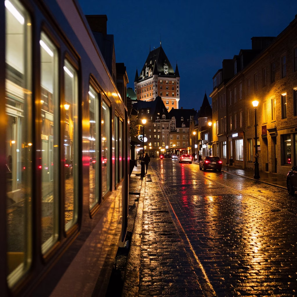 Late Night Quebec City Street Scene with Train Windows and Rain Reflections in in Quebec City, Quebec, Canada
