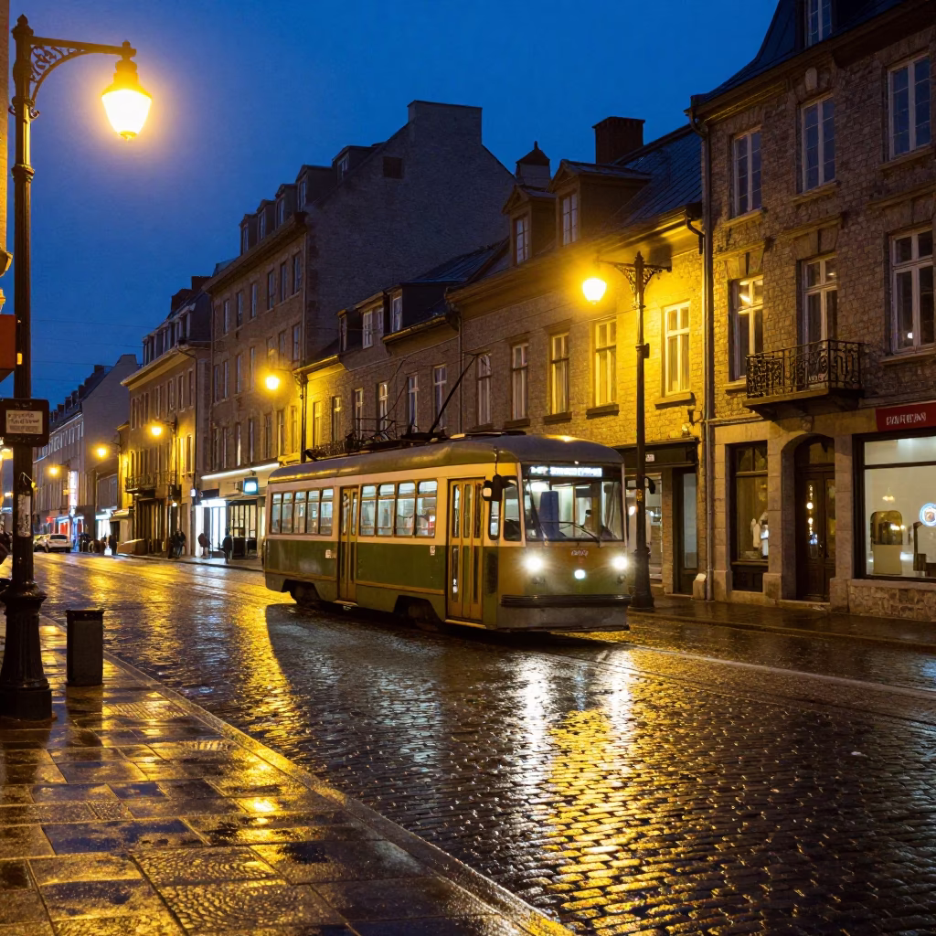 Late Night Quebec City Street Scene with Tram Passing Art Nouveau Facades in in Quebec City, Quebec, Canada