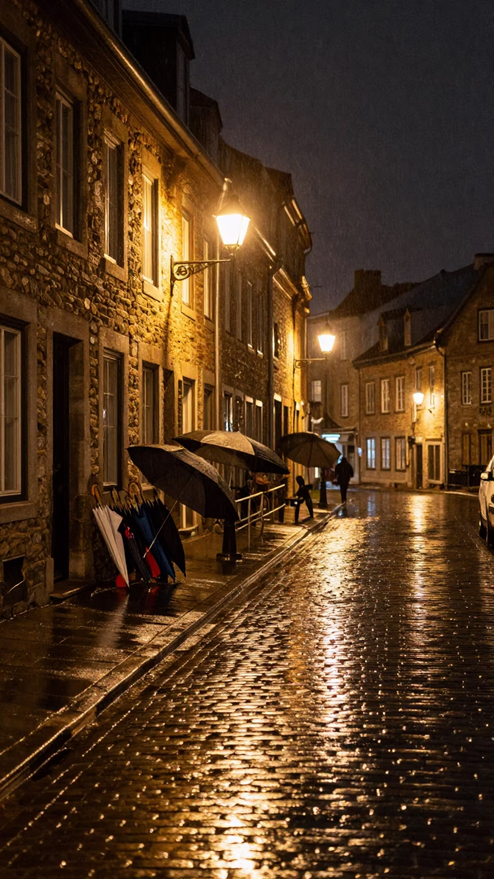 Late Night Quebec City Street Scene with Umbrellas and Wet Cobblestones in in Quebec City, Quebec, Canada
