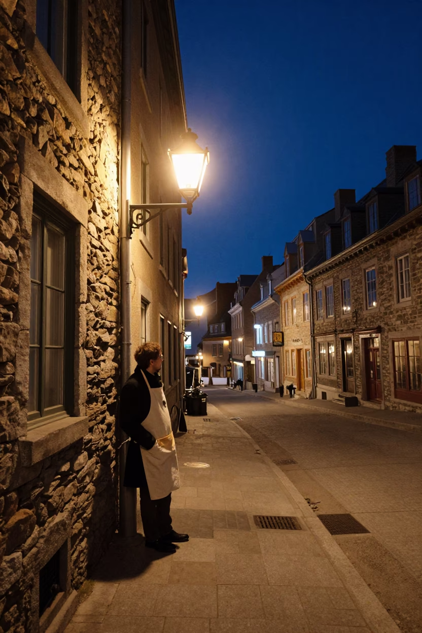 Late Night Quebec City Street Scene with Vintage Apron and Ceramic Bowl in in Quebec City, Quebec, Canada