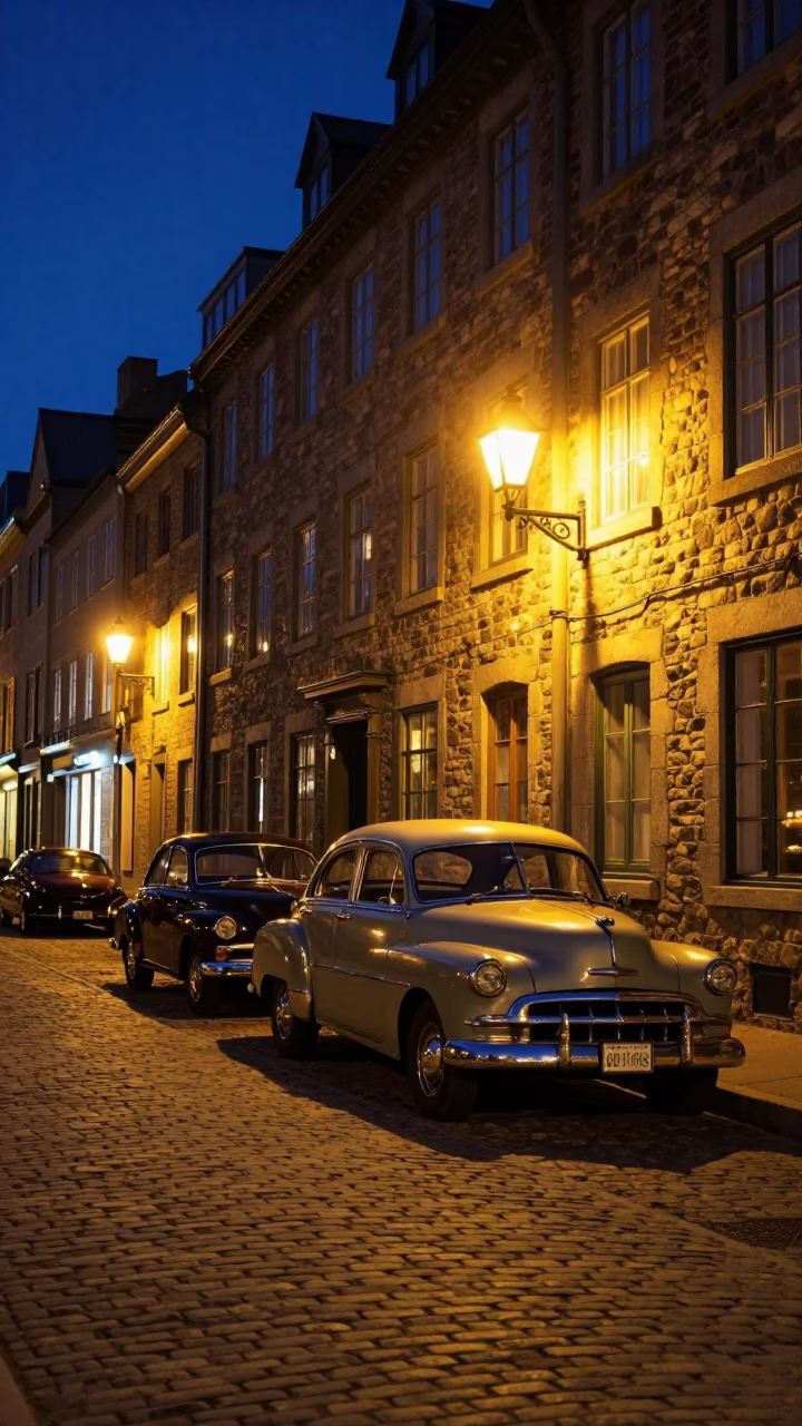 Late Night Quebec City Street Scene with Vintage Automobiles and Cobblestone Alleyway in in Quebec City, Quebec, Canada
