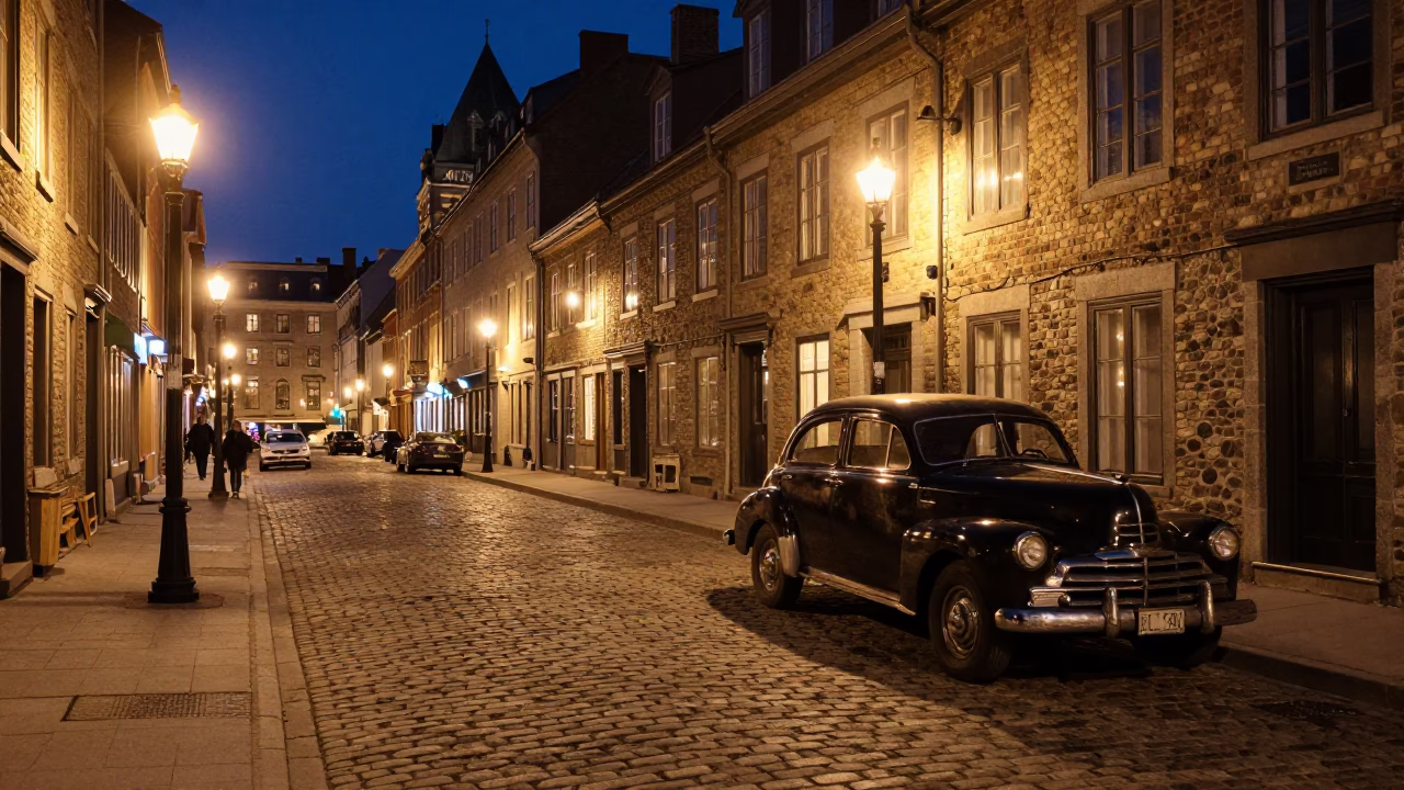 Late Night Quebec City Street Scene with Vintage Car and Cobblestones in in Quebec City, Quebec, Canada