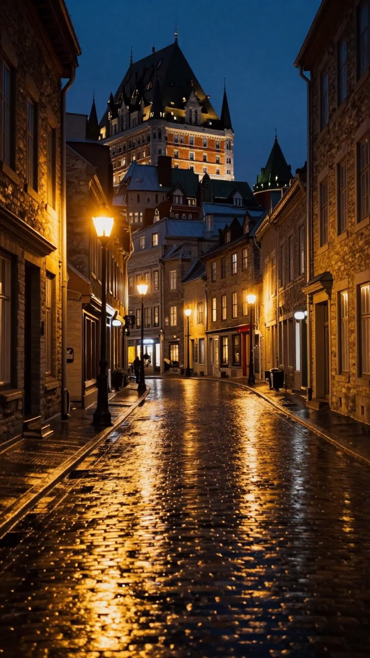 Late Night Quebec City Street Scene with Wet Pavement Reflections and Historic Stone Architecture in in Quebec City, Quebec, Canada