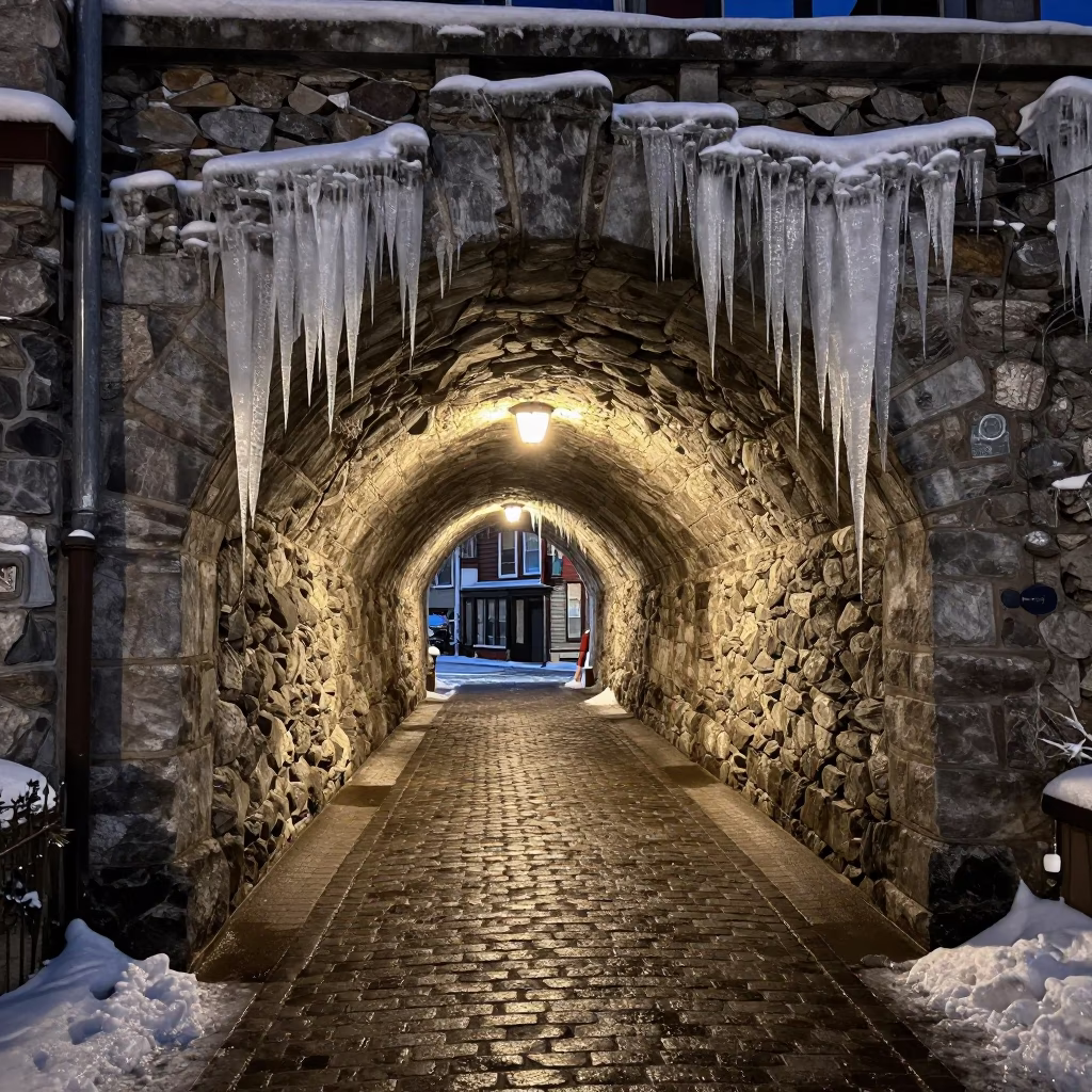 Late Night Quebec City Tunnel Portal Framed by Icicles and Sodium Street Lights in in Quebec City, Quebec, Canada