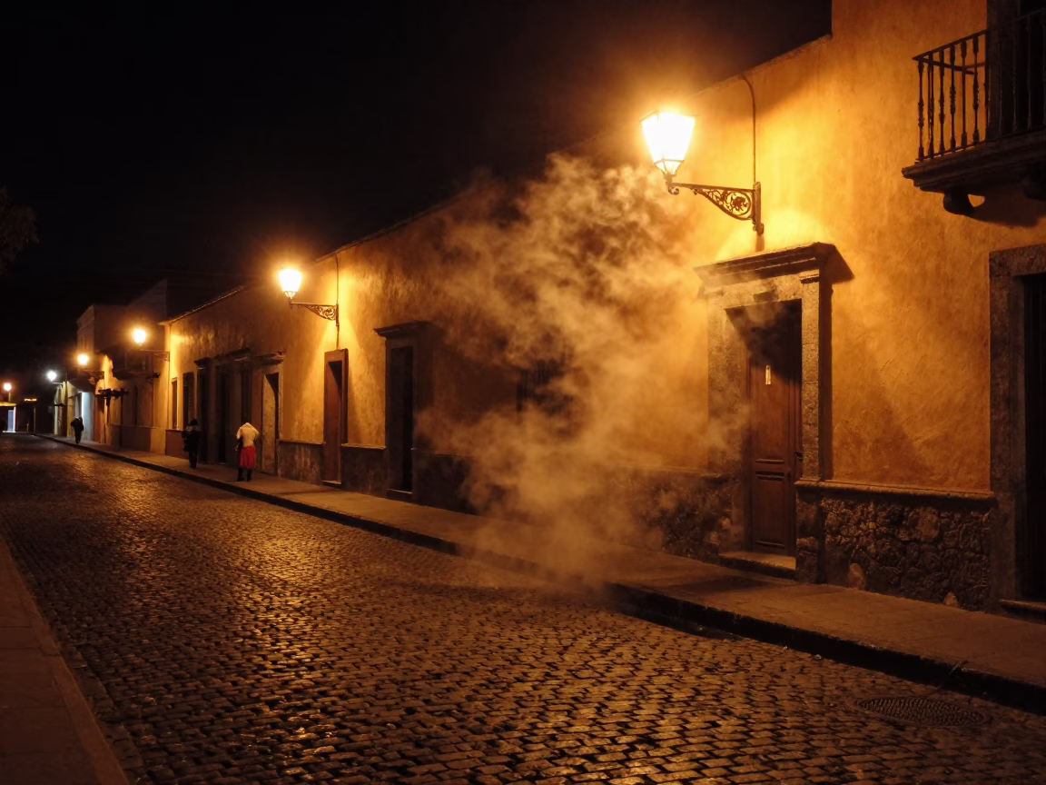 Late Night Quito Ecuador Street Scene with Steam Haze and Historic Architecture in in Quito, Ecuador
