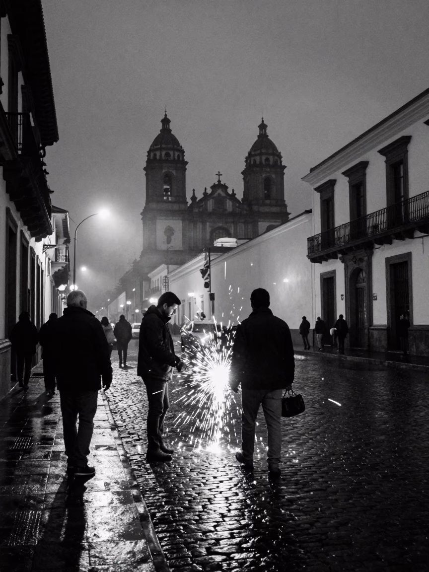 Late Night Quito Ecuador Street Scene with Welding Sparks Under Bridge Construction in in Quito, Ecuador