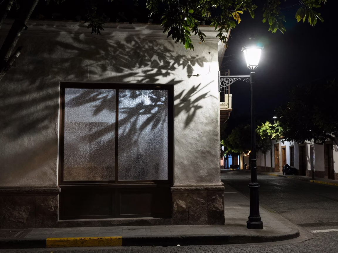 Late Night Quito Street Corner with Leaf Shadows and Rusty Metal Details in in Quito, Ecuador