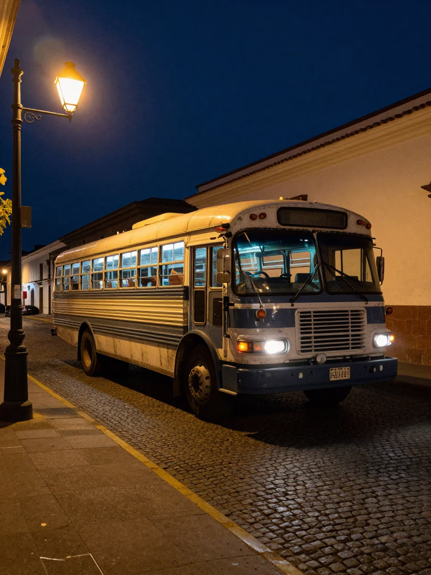 Late Night Quito Street Scene with Bedford Bus and Pastries in in Quito, Ecuador