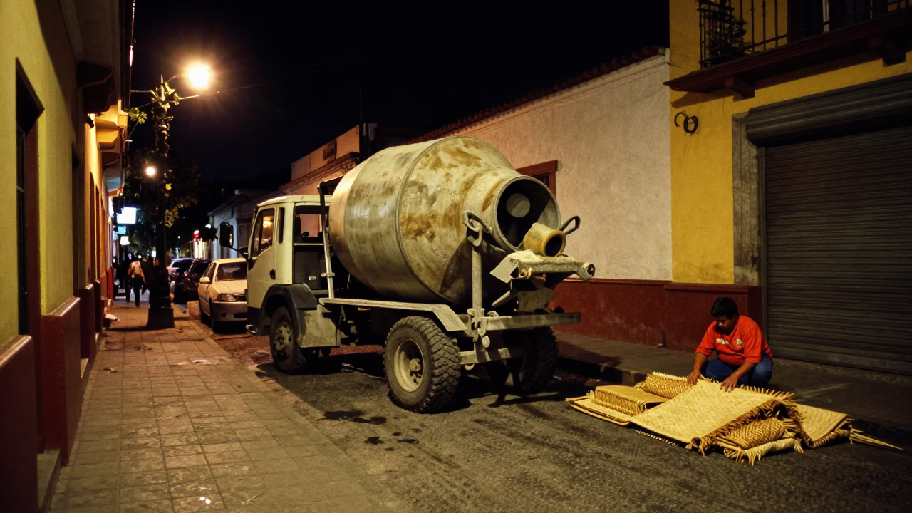 Late Night Quito Street Scene with Cement Mixer and Woven Mats in in Quito, Ecuador
