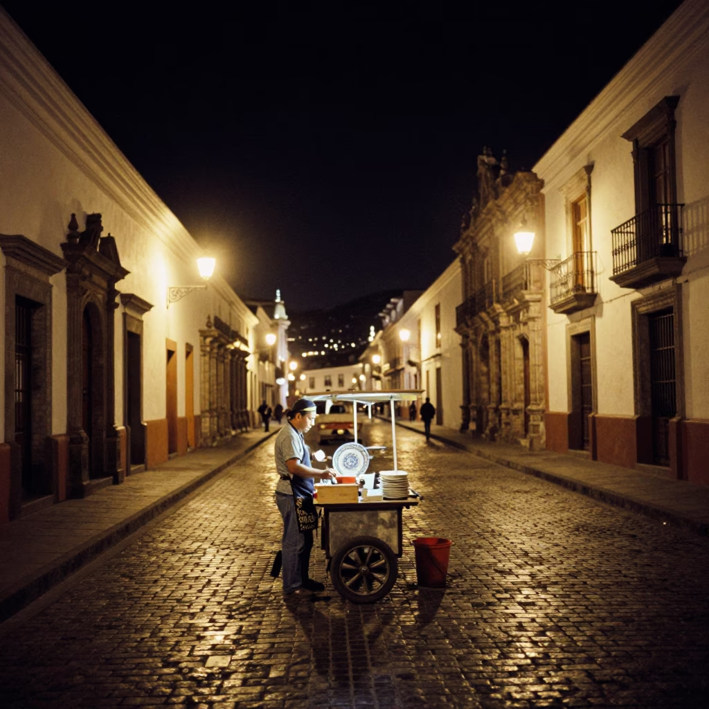 Late Night Quito Street Scene with Ceramic Plate and Towel Hook in in Quito, Ecuador