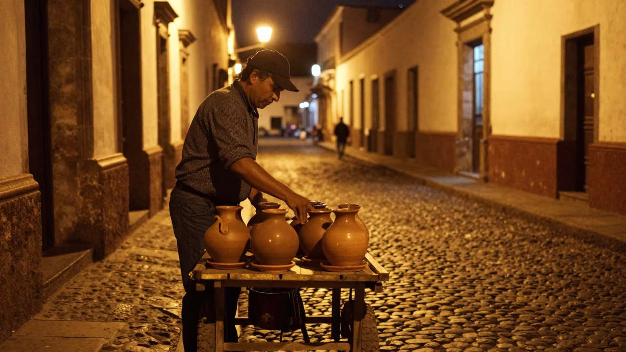 Late Night Quito Street Scene with Clay Pot and Traditional Ecuadorian Elements in in Quito, Ecuador