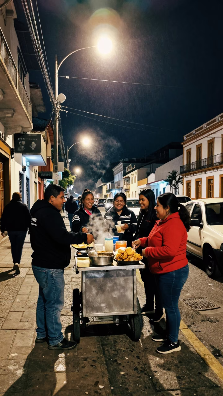 Late Night Quito Street Scene with Condensation and Urban Details in in Quito, Ecuador