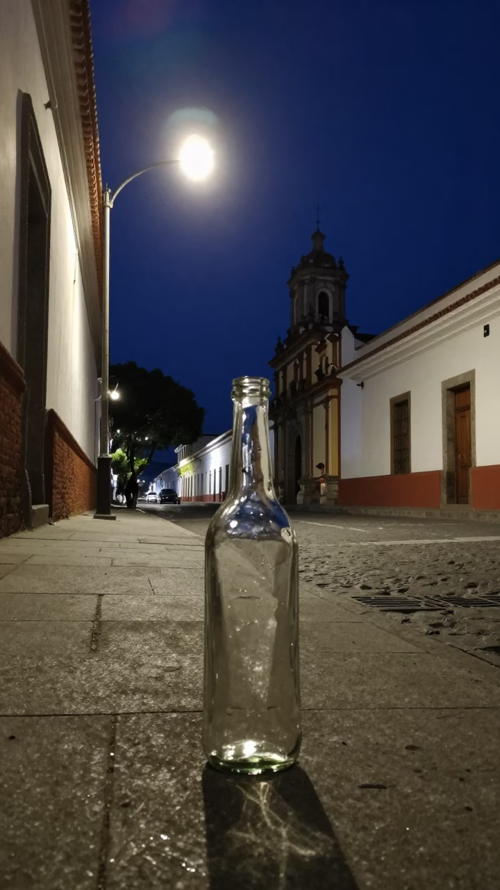 Late Night Quito Street Scene with Faceted Glass and Window Light in in Quito, Ecuador