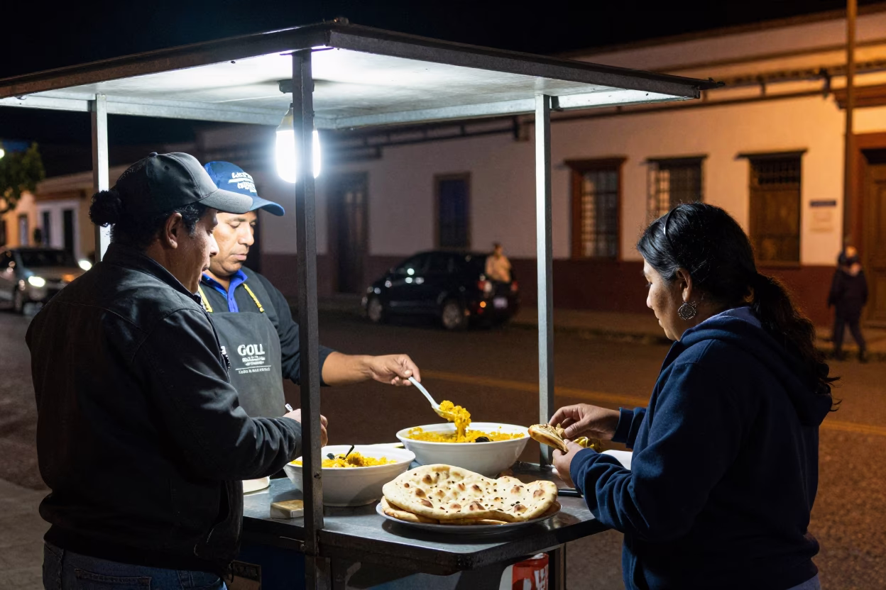 Late Night Quito Street Scene with Local Food and Urban Architecture in in Quito, Ecuador