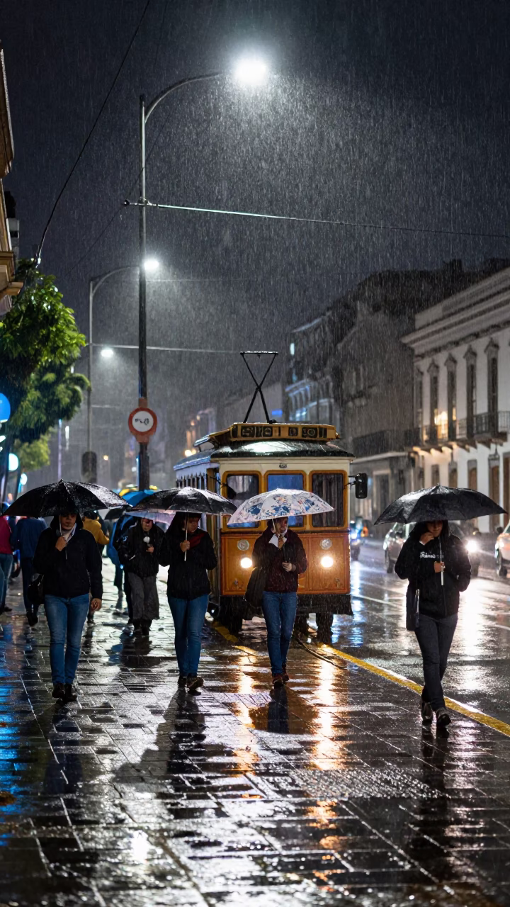 Late Night Quito Street Scene with Trolley and Rainy Atmosphere in in Quito, Ecuador