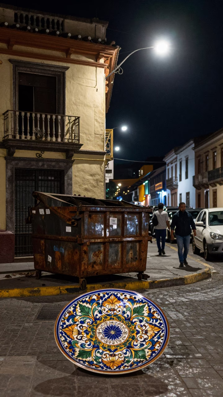 Late Night Quito Street Scene with Vintage Majolica Plate and Demolition Dumpster in in Quito, Ecuador