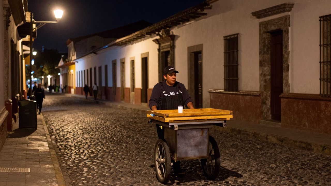 Late Night Quito Street Scene with Wooden Tray and Handkerchief in Ecuador in in Quito, Ecuador