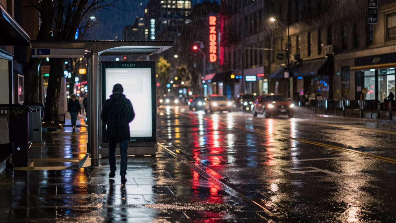 Late Night Rain on Seattle Street with Neon Reflections and Wet Pavement in in Seattle, Washington, United States