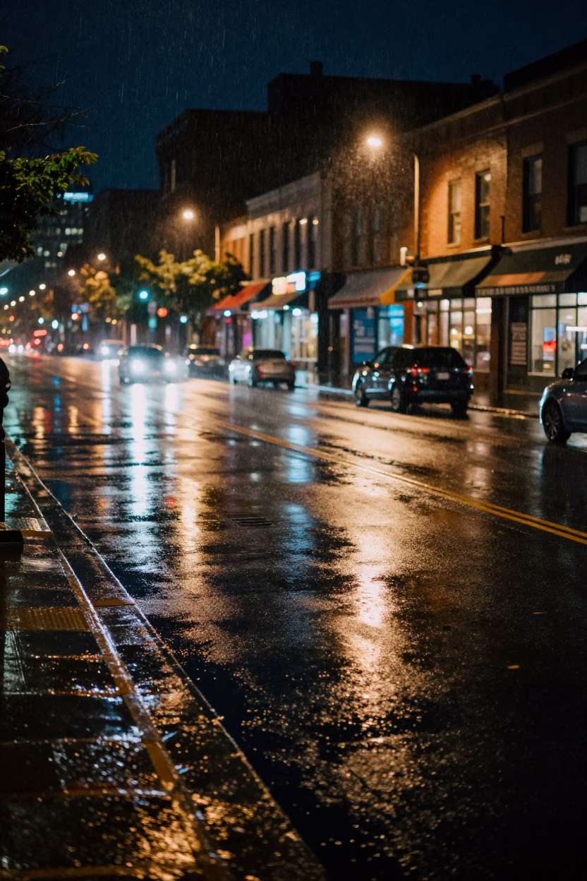 Late Night Rain on Seattle Street with Wet Asphalt Reflections and Distant City Lights in in Seattle, Washington, United States