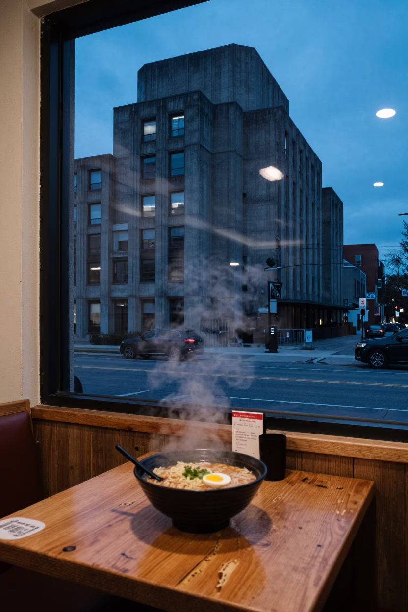 Late Night Ramen Shop in Toronto with Concrete Brutalist Architecture and Midnight Street Scene in in Toronto, Ontario, Canada