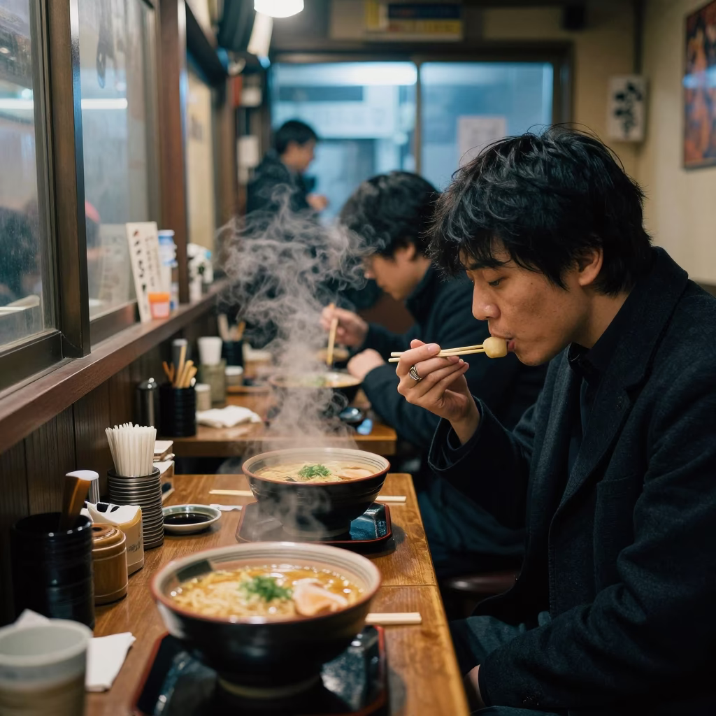 Late Night Ramen Shop Interior in Fukuoka Japan with Steam and Diners in in Fukuoka, Japan