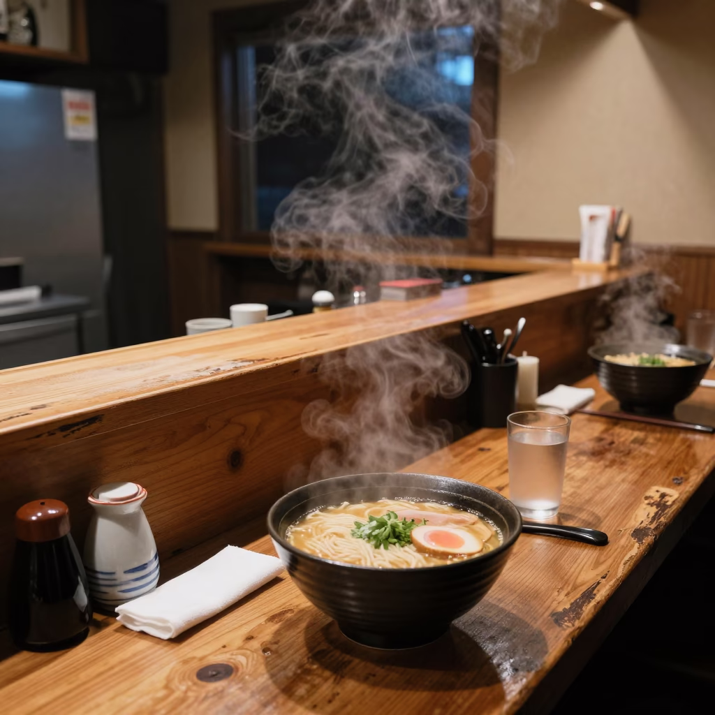 Late Night Ramen Shop Interior in Fukuoka Japan with Steam and Neon Reflections in in Fukuoka, Japan