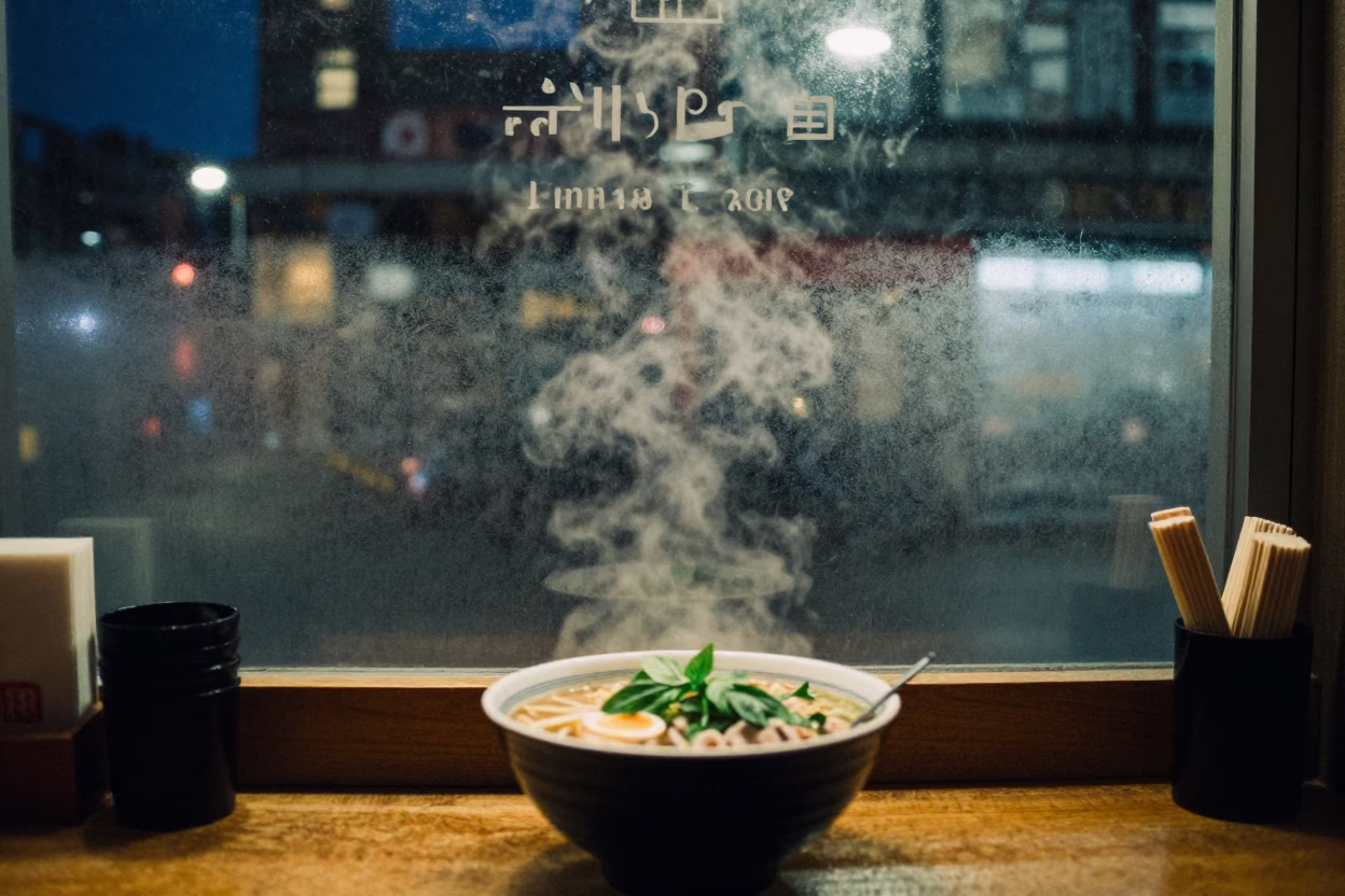 Late Night Ramen Shop Interior in Gastown Vancouver with Steam and City View in in Vancouver, British Columbia, Canada