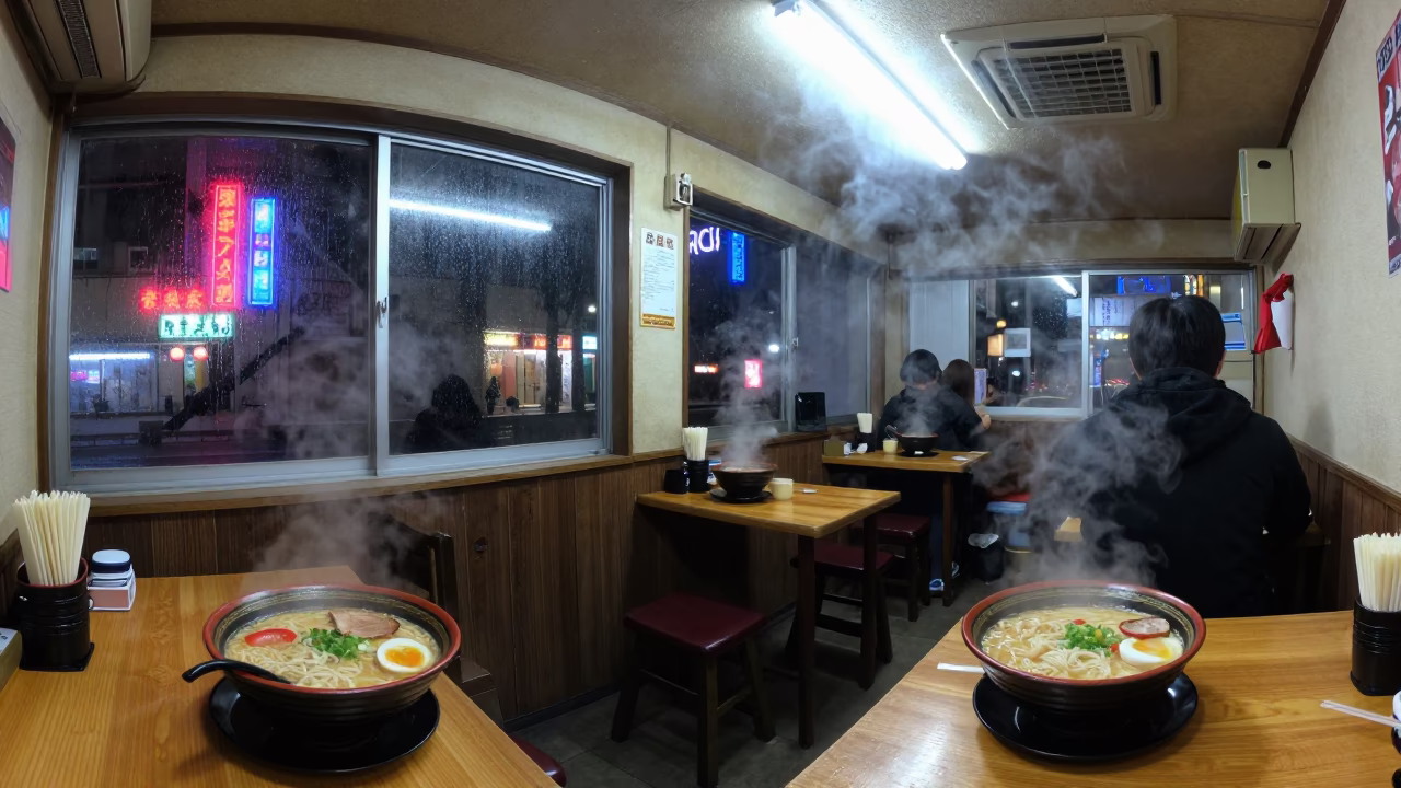 Late Night Ramen Shop Interior in Sapporo Japan with Steam and Neon Lights in in Sapporo, Japan