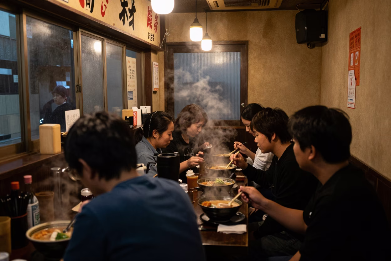 Late Night Ramen Shop Interior in Tokyo Japan Midnight Dining Scene in in Tokyo, Japan