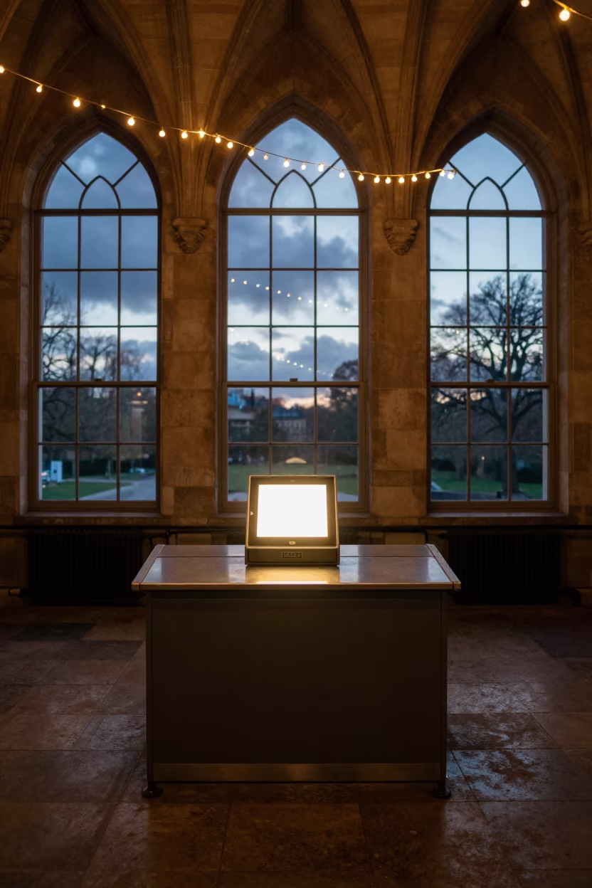 Late Night Receipt Scanner in Vaulted Worcester Atrium in inside a vaulted atrium in Worcester