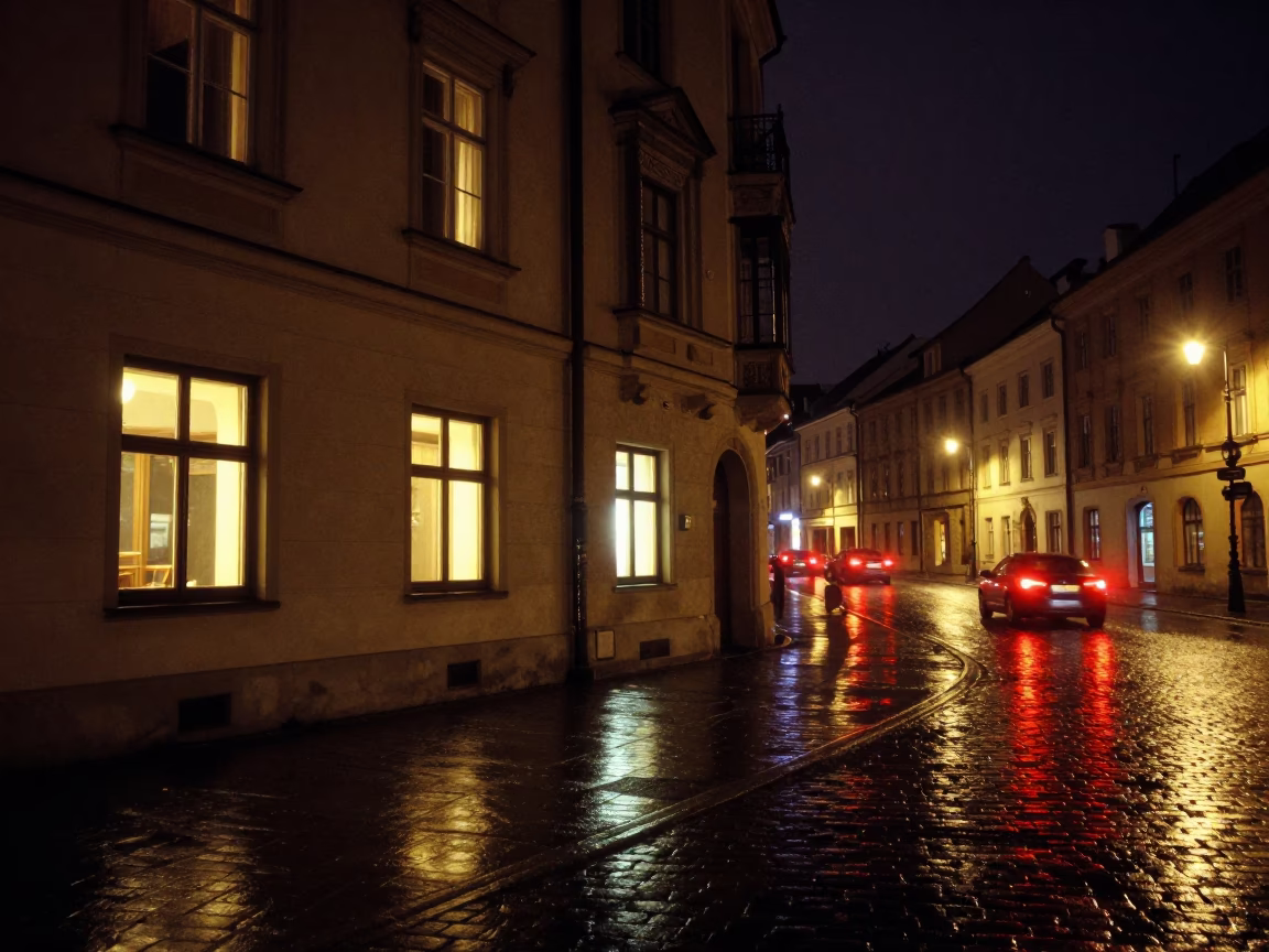 Late Night Reflections in Krakow Poland Hotel Windows and Tail Lights in in Krakow, Poland