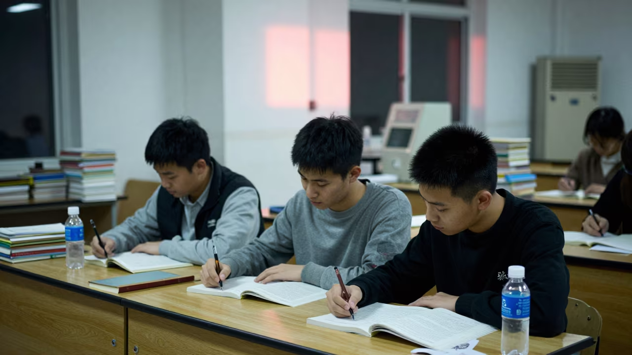 Late Night Revision Under Neon Library Stacks in in a school laboratory near Changsha