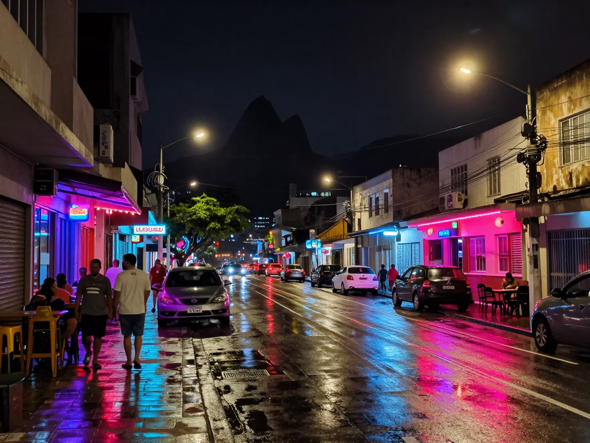 Late Night Rio De Janeiro Street Scene With Colorful Neon Lights And Wet Cobblestones in in Rio de Janeiro, Brazil