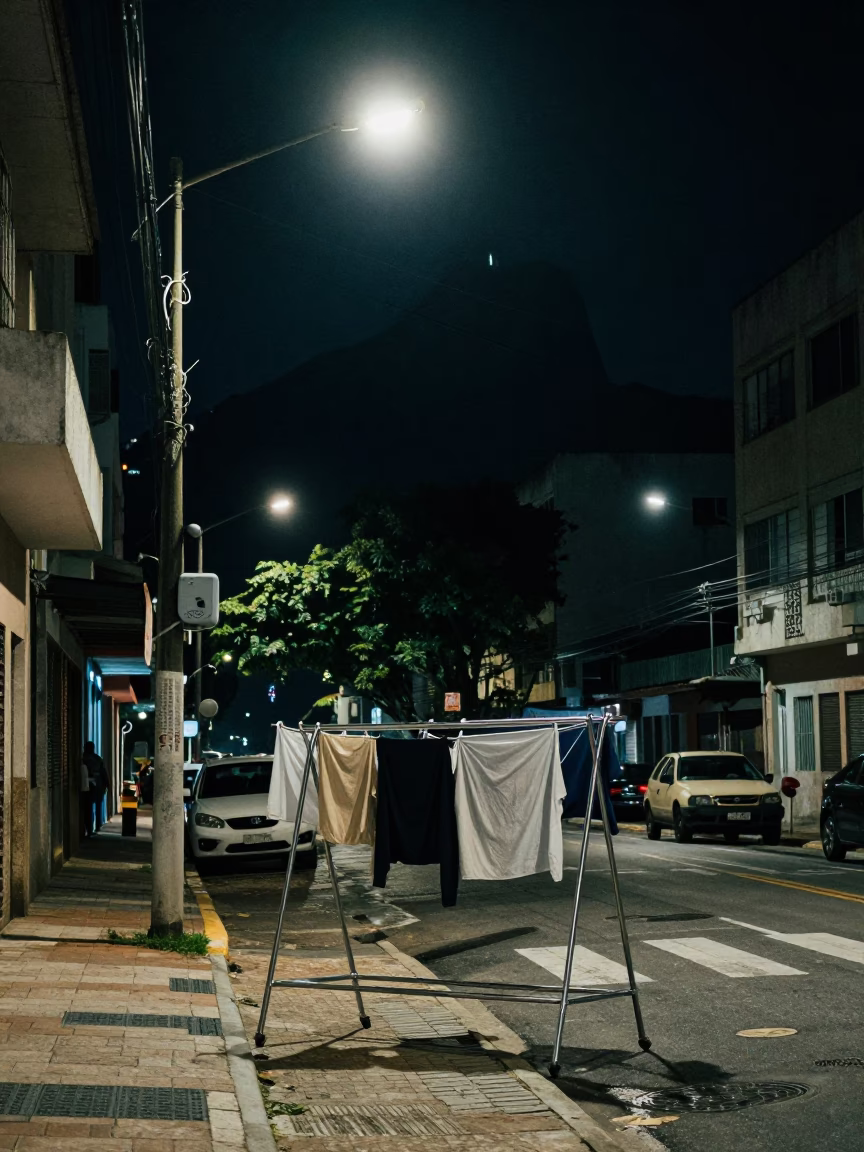 Late Night Rio de Janeiro Street Scene with Drying Rack and Urban Nightlife in in Rio de Janeiro, Brazil