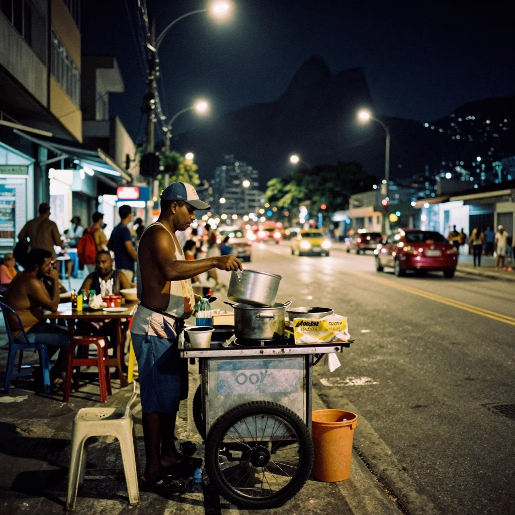 Late Night Rio de Janeiro Street Scene with Vendor and Nightlife Elements in in Rio de Janeiro, Brazil