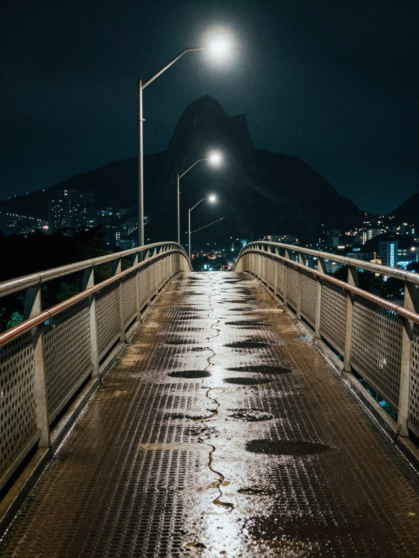 Late Night Rio Pedestrian Overpass Wet Footsteps and Urban Shadows in in Rio de Janeiro, Brazil